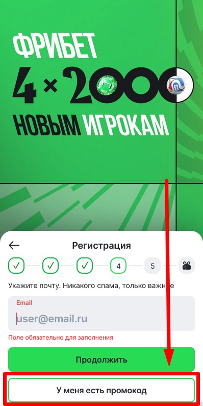 Ввод email при регистрации в БК Лига Ставок