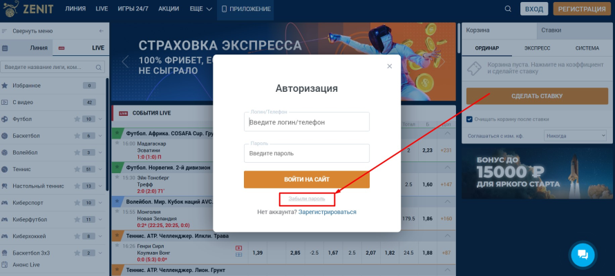 Кнопка «Забыли пароль?» букмекерской конторы Zenit