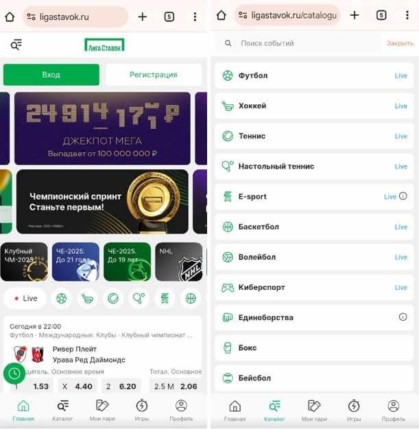 Интерфейс Лига Ставок