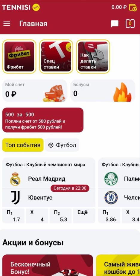 Главная страница мобильной версии Tennisi