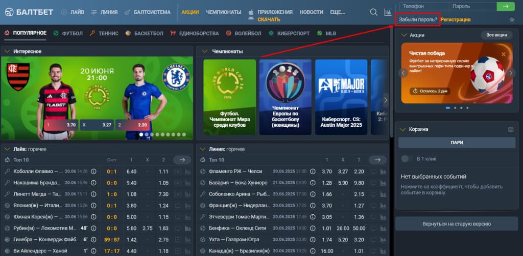 Откройте сайт букмекера baltbet ru и нажмите «Забыли пароль». Если вы используете мобильную версию или приложение, сначала перейдите в форму авторизации (кликните «Вход» или «Войти»), а затем выберите опцию восстановления доступа к аккаунту.