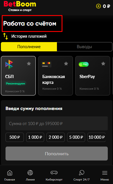 Пополните счет через мобильный сайт BetBoom