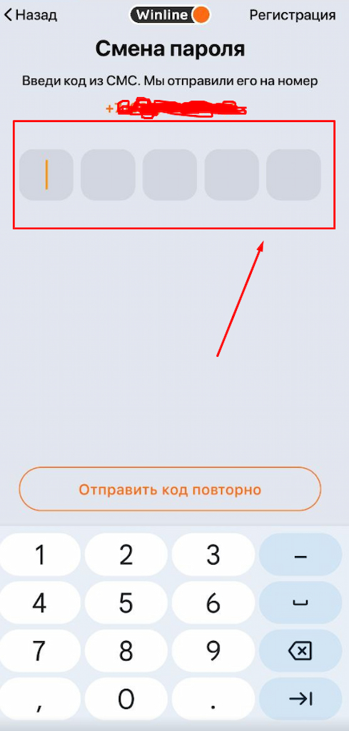 Введите СМС-код в приложении Winline
