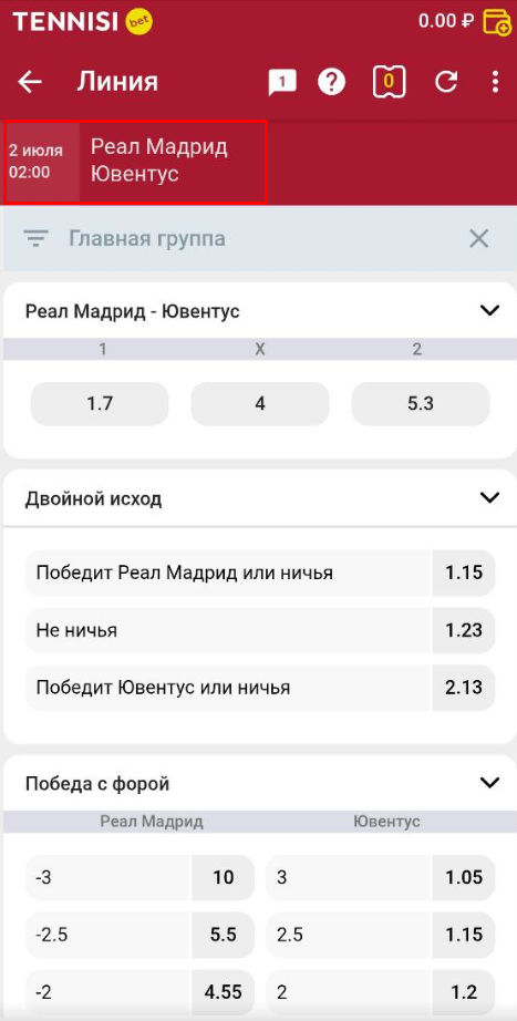 Ставки в мобильной версии сайта Tennisi