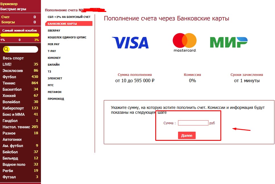 В разделе «VISA/MasterCard/Мир» укажите сумму депозита (от 300 рублей).