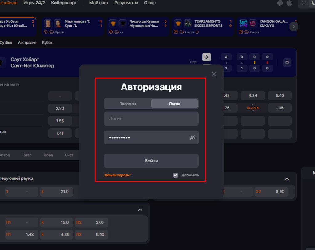 Авторизуйтесь на БК Winline