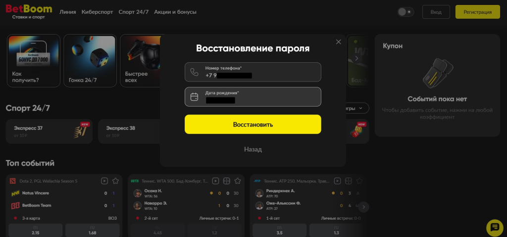 Введите данные для восстановления пароля ан БетБум