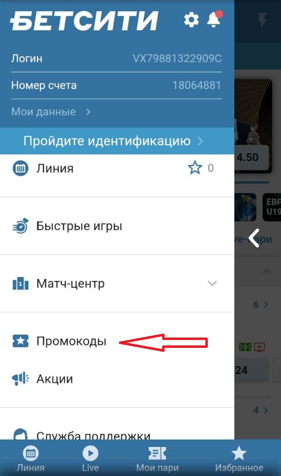 Перейдите во вкладку промокодов на БК Бетсити