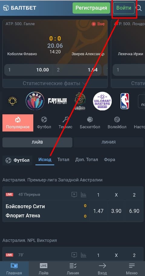 Вход в личный кабинет «Балтбет» через мобильную версию сайта