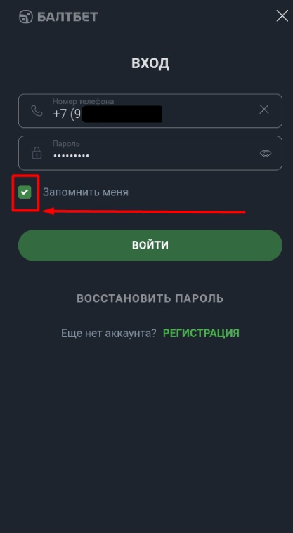 Введите данные для входа на мобильном сайте Балтбет