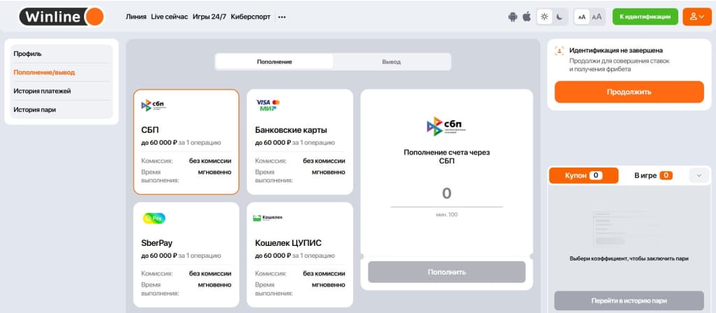 Для оформления пари необходимо иметь положительный баланс. Внести депозит можно с банковской карты, электронных кошельков, через СБП, SberPay и со счета мобильного телефона. О том, как закинуть деньги на баланс, мы подробно рассказывали в статье «Как пополнить счет в БК Винлайн», также как и вывести их «Как вывести деньги с Винлайн».