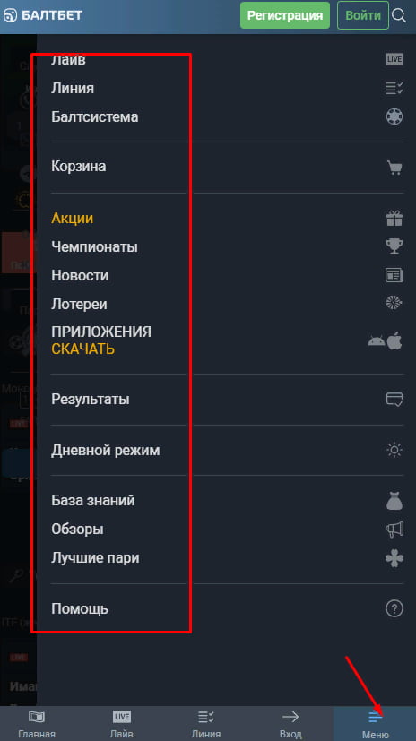 Интерфейс мобильной версии Балтбет