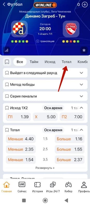 винлайн как поставить тотал