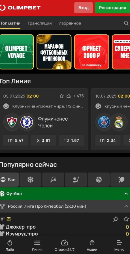 Интерфейс мобильной версии БК Олимп