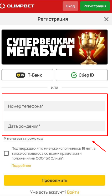 Заполните форму регистрации при регистрации на Олимпе