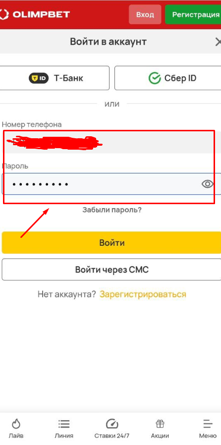 Авторизуйтесь через мобильную версию сайта на БК Олимп