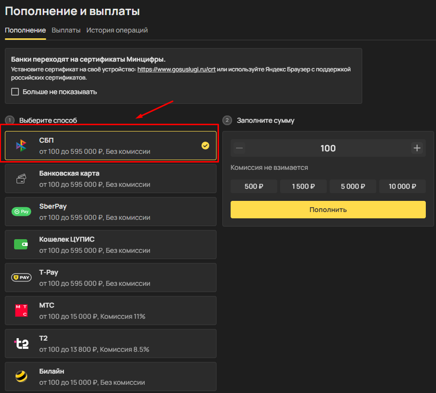 Выберите СБП для пополнения чем Олимп