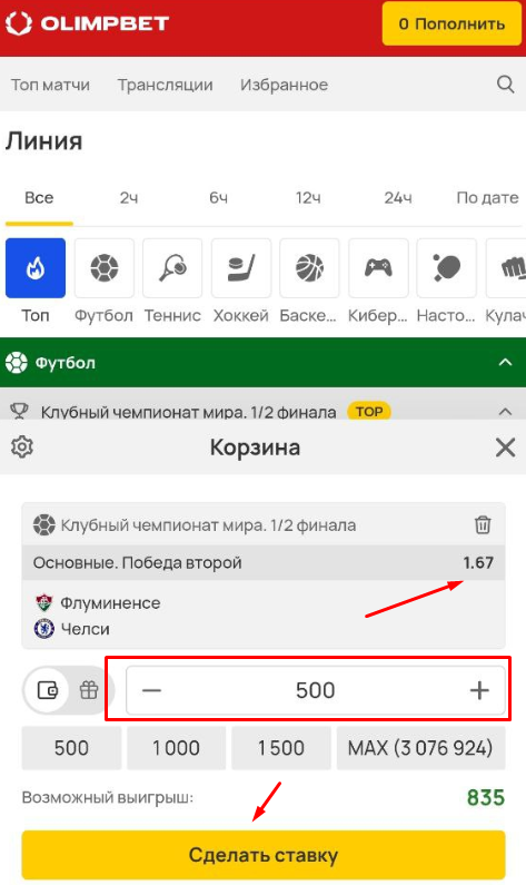Укажите сумму в купоне ставки на ОлимпБет