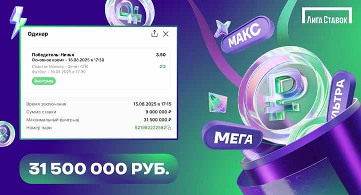 Клиент «Лиги Ставок» выиграл 31,5 млн рублей на матче «Спартак» — «Зенит»