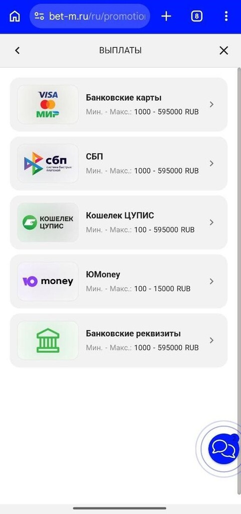 Выплаты и способы вывода в БК Бет-М