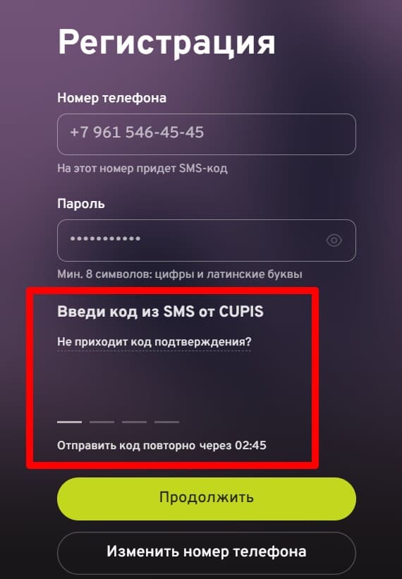 Впишите код из смс.