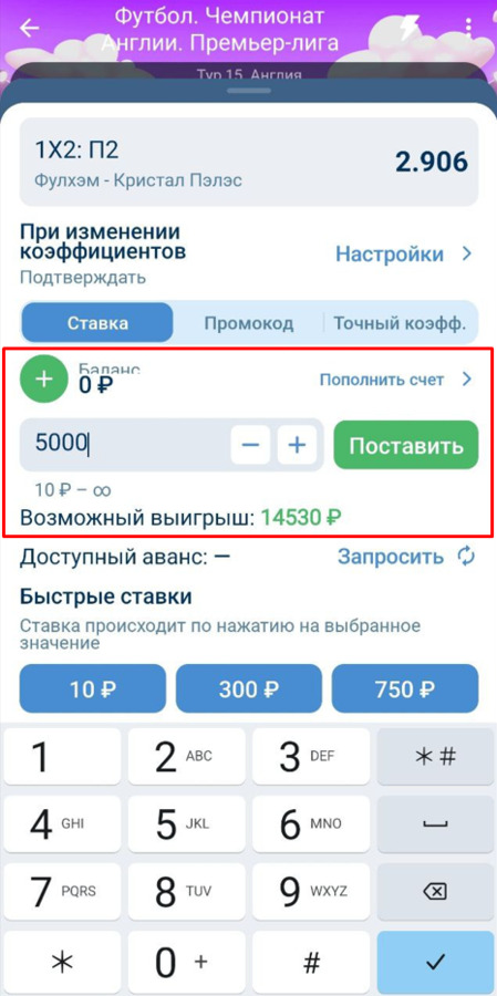 Укажите сумму ставки на 1xbet