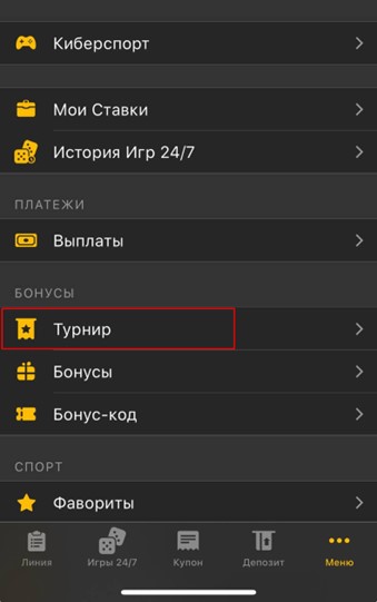 Меню бонусов в приложении Мелбет