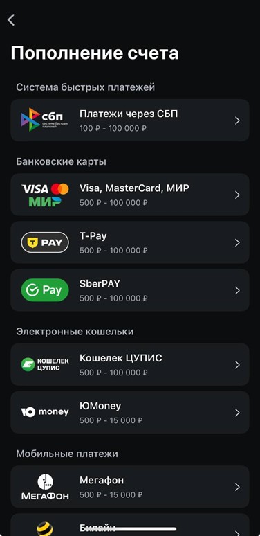 Пополнение счета в приложении Leon