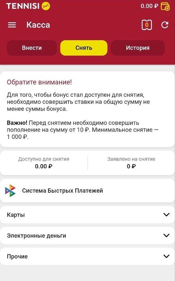 Вывод средств в приложении Tennisi