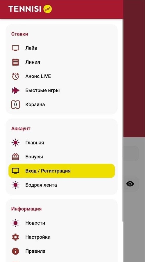 Меню навигации в приложении Тенниси