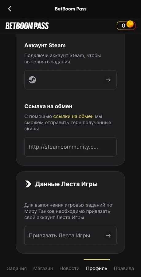 Привязка Steam в BetBoom Pass
