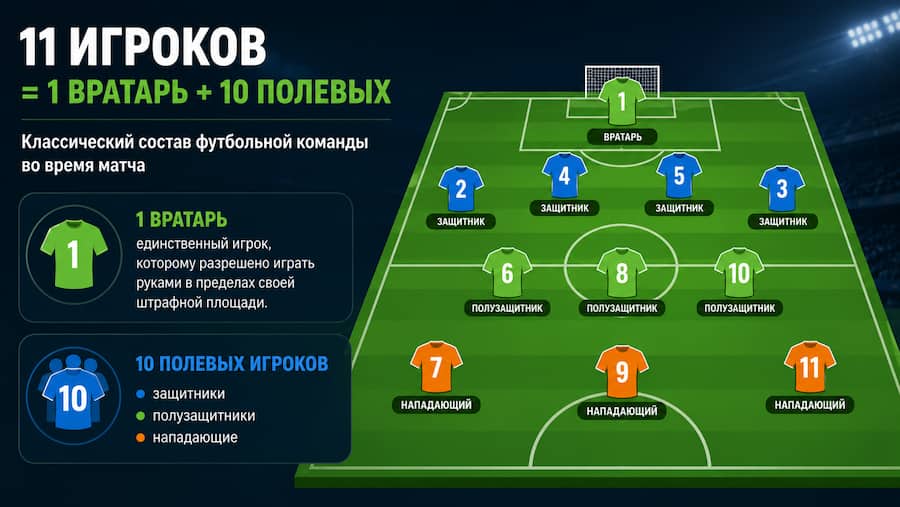 Классический состав футбольной команды во время матча выглядит так:
