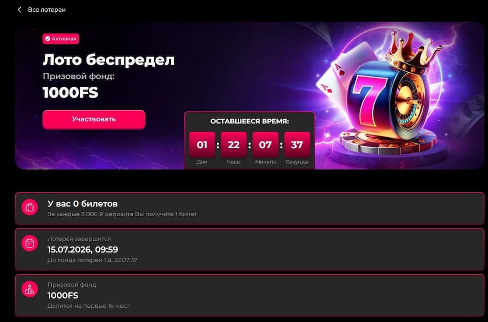 Лотереи. За каждые 3000 рублей депозита вы получаете 1 лотерейный билет. Призовой фонд может состоять из бонусных денег или фриспинов. Он делится между определенным количеством победителей.