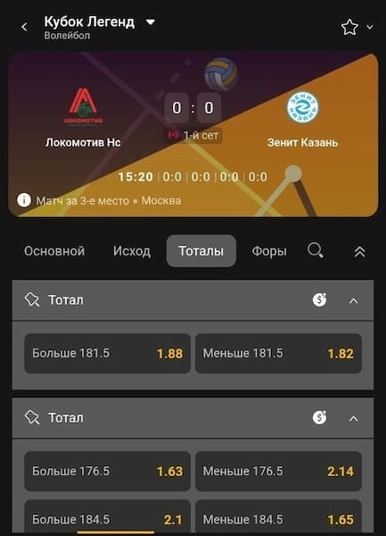 Однако Мелбет выделяется подробной росписью на форы, тоталы и сеты. Всего в prematch на топ-события дают 150-200 рынков. Редких вариантов немного, зато по основным позициям представлен широкий выбор значений: на топ-матчи предлагают тоталы с диапазоном до 20-25 очков и форы с диапазоном в 8-10 пунктов. Статки на статистику и аутрайты в линии также присутствуют.